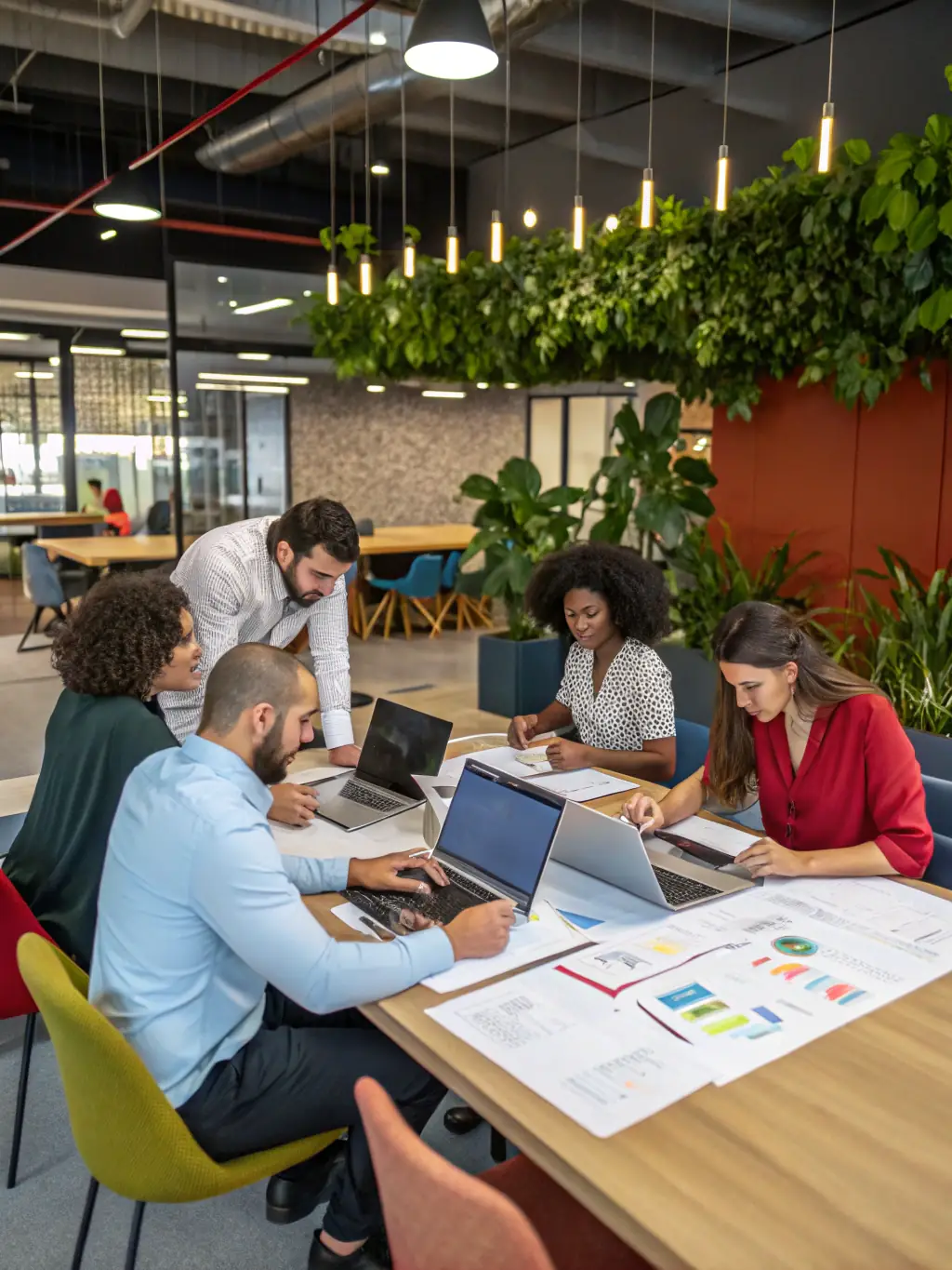 A diverse team collaborating on a project in a modern office, showcasing Gedit Ltd's collaborative approach to problem-solving.