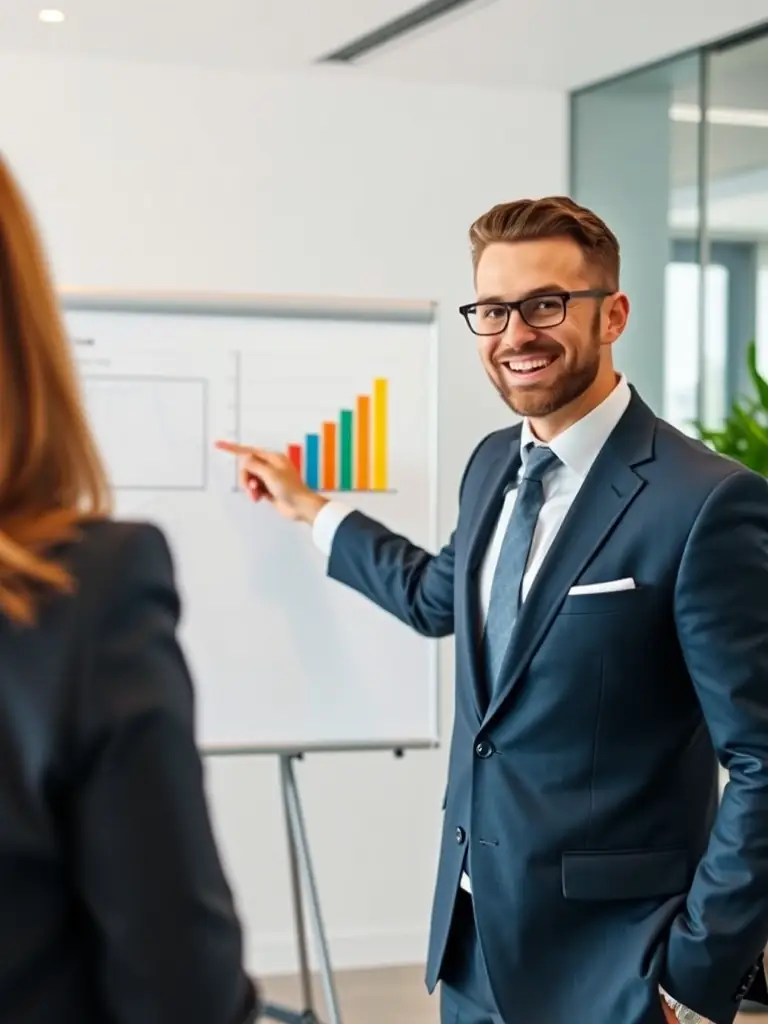 A consultant in a suit, smiling confidently while pointing at a digital dashboard displaying key performance indicators, in a modern office setting. This image represents Gedit Ltd's Business Consulting service.